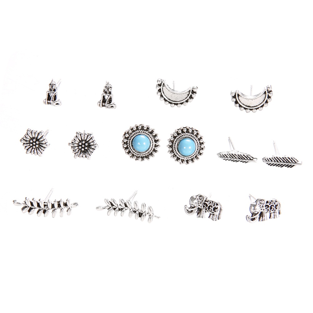 Set 7 Pasang Anting Stud Desain Gajah Bunga Bulu Buddha Gaya Boho Untuk Wanita