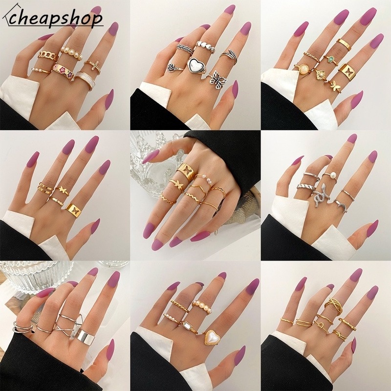 IFYOU 2021 Set Cincin Desain Kupu-Kupu Hollow Hias Kristal Mutiara Warna Emas / Silver Untuk Wanita