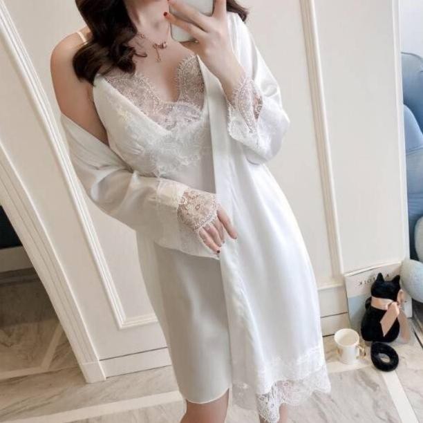 KIMONO TIDUR SATIN SILK LINGERIE CANTIK 920 HIGH QUALITY PREMIUM - PUTIH, XL