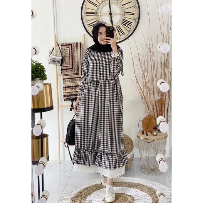 Midi Dress ZELINE MAXI Bahan KATUN Kotak - kotak Pakaian Gamis Terbaru lebaran Wanita Murah Modern K