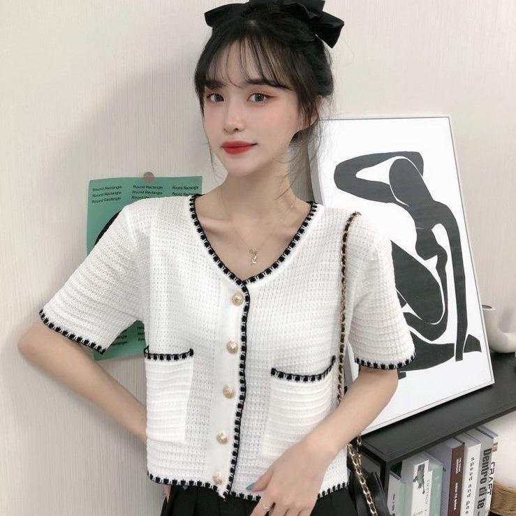 T-67 Kardigan Pendek Rajutan Lengan Pendek Gaya Korea Untuk Wanita 487IDE