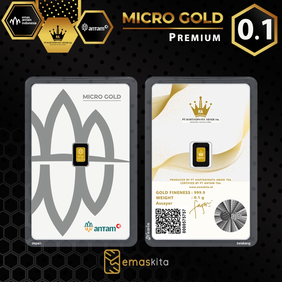 Antam 0.1 gram Micro Gold Premium Emas Murni 24 Karat Hartadinata x Antam Logam Mulia Emaskita-Premium 0.1 gr