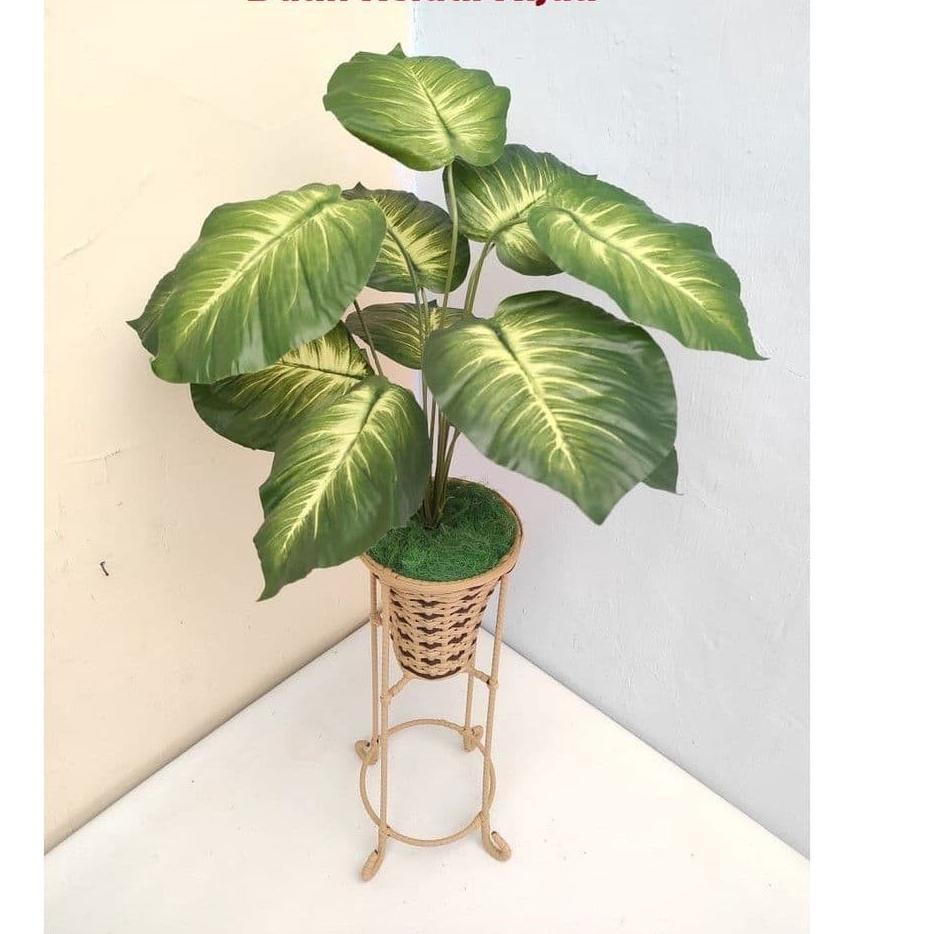 [KODE LZB9F] Tanaman Bunga Hias Plastik Sudut Artificial Artifisial Besar 1 Set Dengan Pot Rotan Sta
