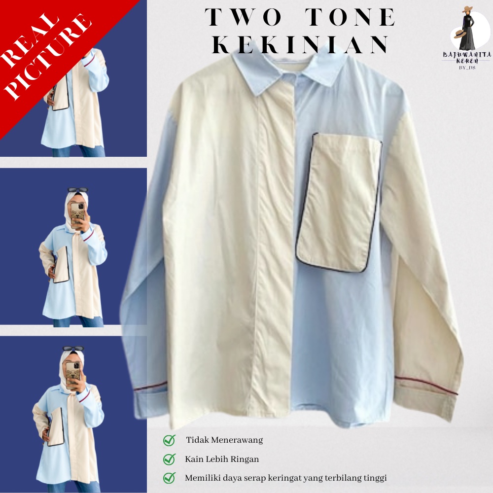 BajuWanitaKekinian_byds_Pakaian Baju Kemeja Atasan Terbaru Wanita Kerja Dua Warna Kombinasi Yang Lag