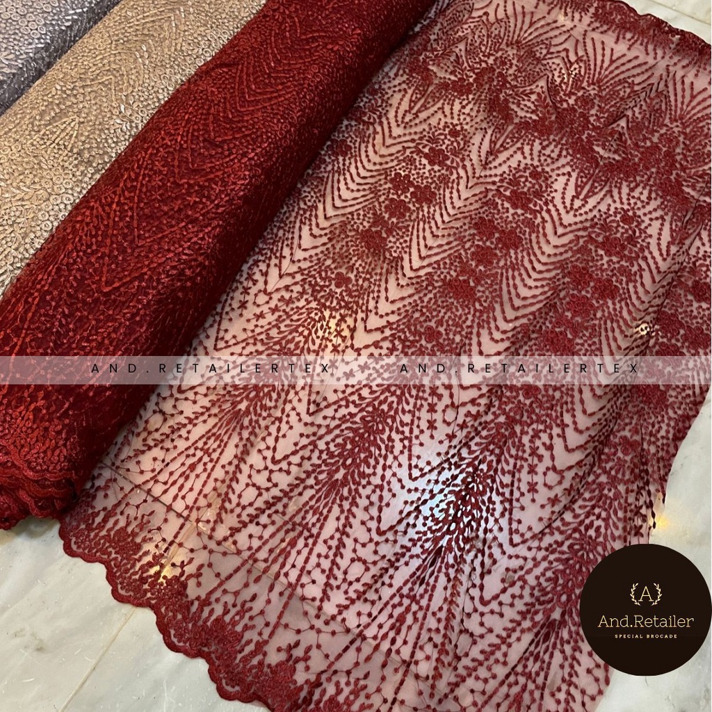 Bahan Kain Kebaya Brokat Tile Bordir Elie Saab New Series Warna Merah Maroon