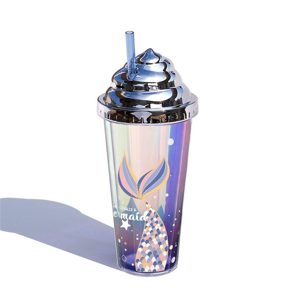 R-FLOWER 420ml Botol Air Dinding Ganda Ins Gaya Dengan Sedotan Perlengkapan Minum Gradien Glittery Mermaid Juice Teh Susu Mug