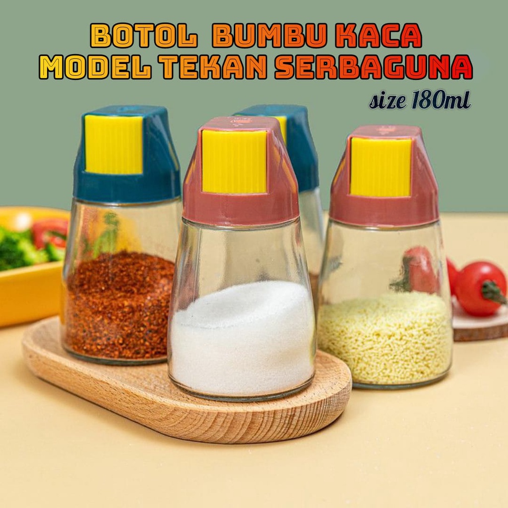 BOTOL BUMBU TAKAR KACA / TEMPAT PENYIMPANAN BUMBU DAPUR MODEL TEKAN SERBAGUNA