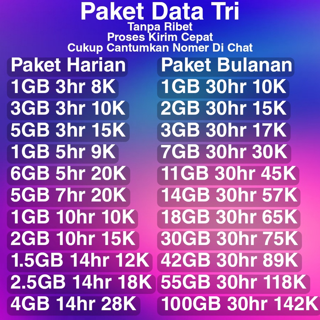 Paket Data Tri 33GB Full 24 Jam Promo Super Murah
