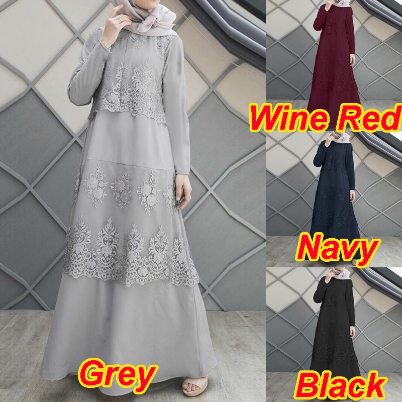 ZANZEA Women O Neck Long Sleeve Lace Stitching Muslim Long Dress