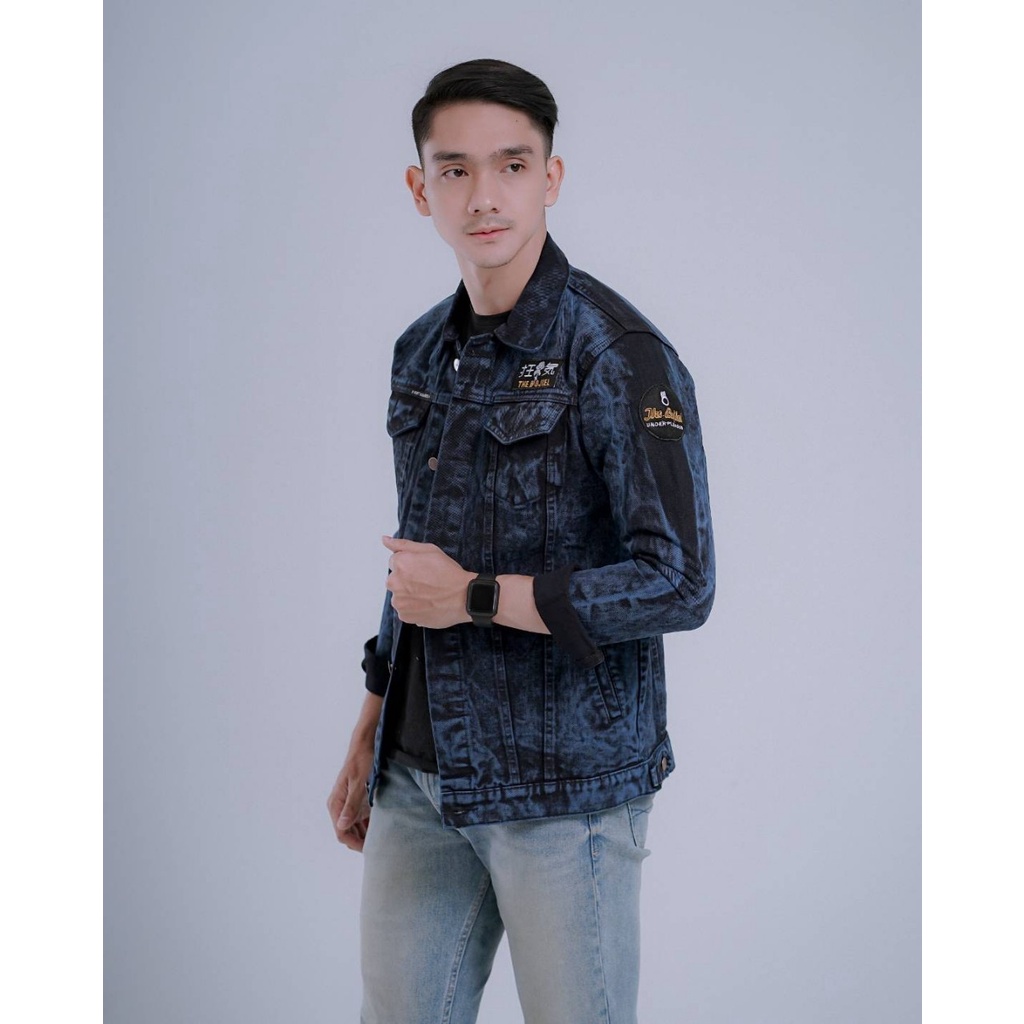 TURUN HARGA ! Jaket Jeans Denim Bordir The Bojiel Pria Jumbo Big Size Cowok Snow Black Sandwash Hitam Oversize Premium Quality