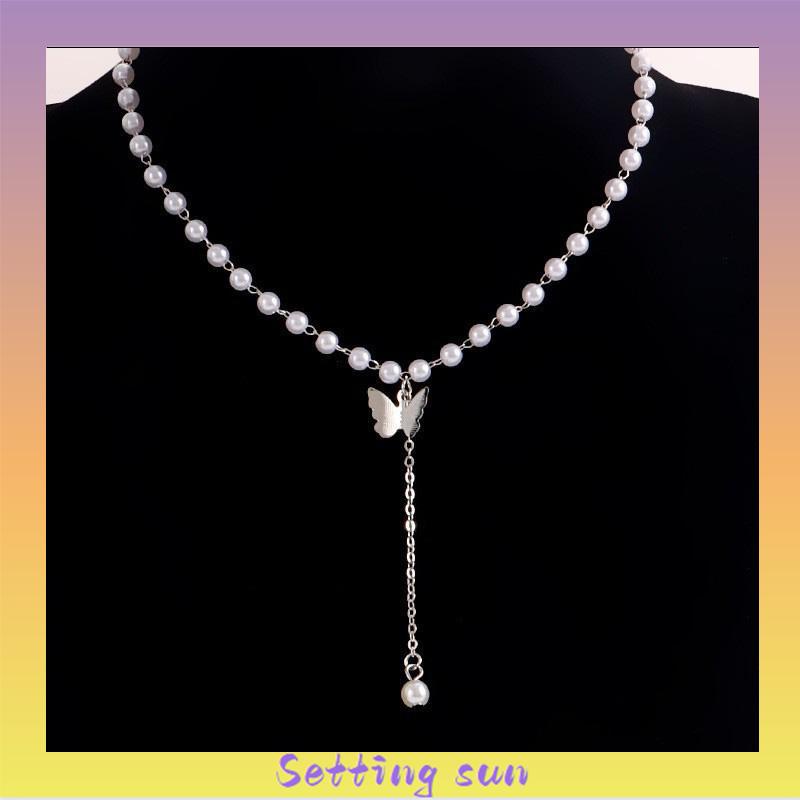 Retro Butterfly Pearl Kalung Lembut Gadis Kecil Cinta Liontin Kalung Rantai Klavikula TN