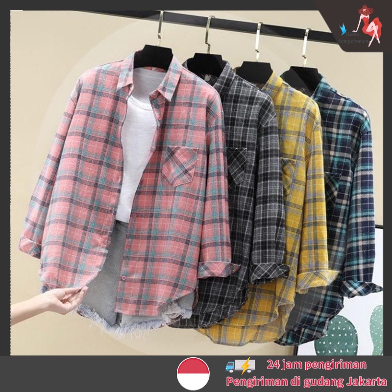 Kemeja Wanita Kotak Kotak Blouse Atasan Import Outer Wanita