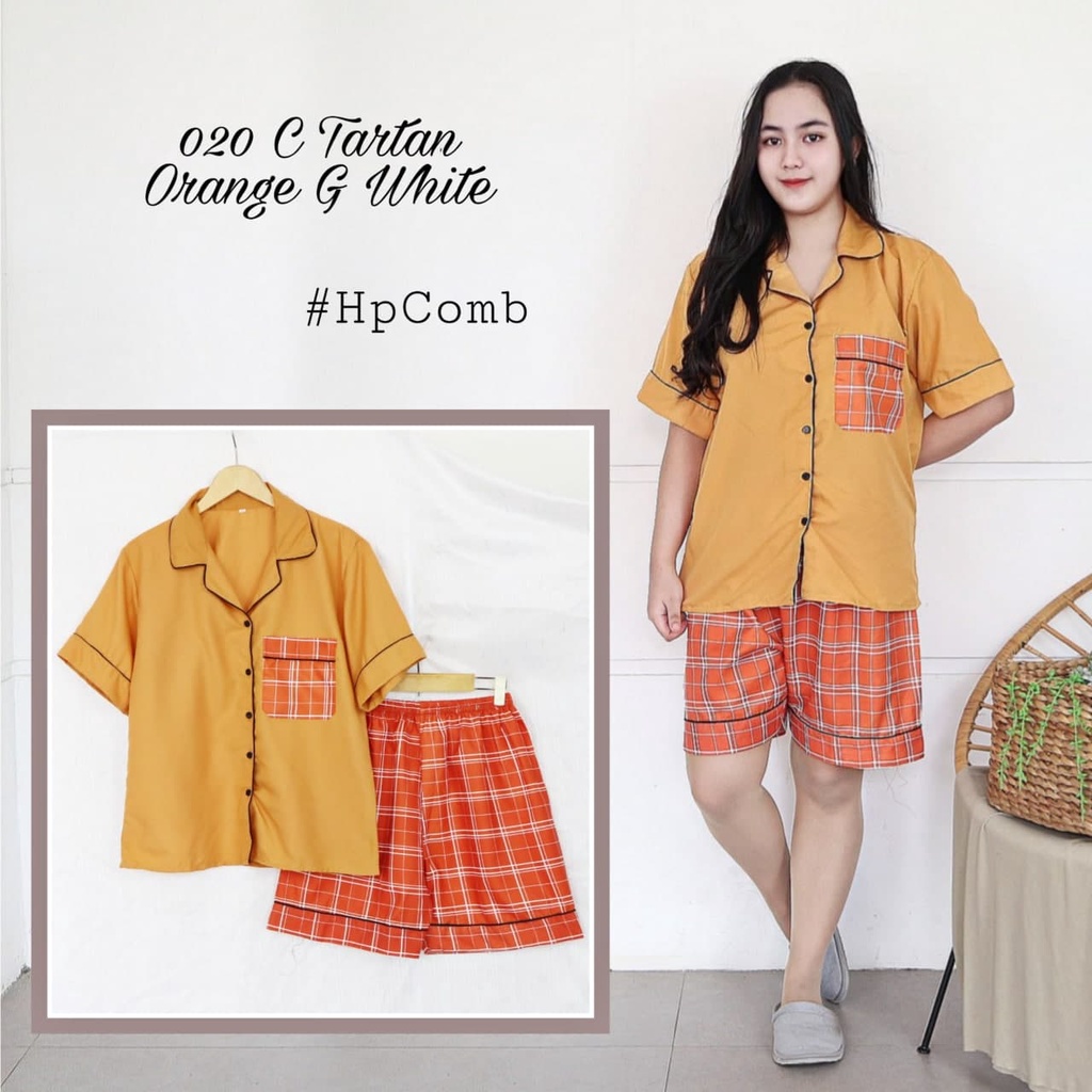 IZANY Piyama Dewasa Hotpant Combina Allsize / HP  Combina Saten Apple LD 100-020 TARTAN ORANGE