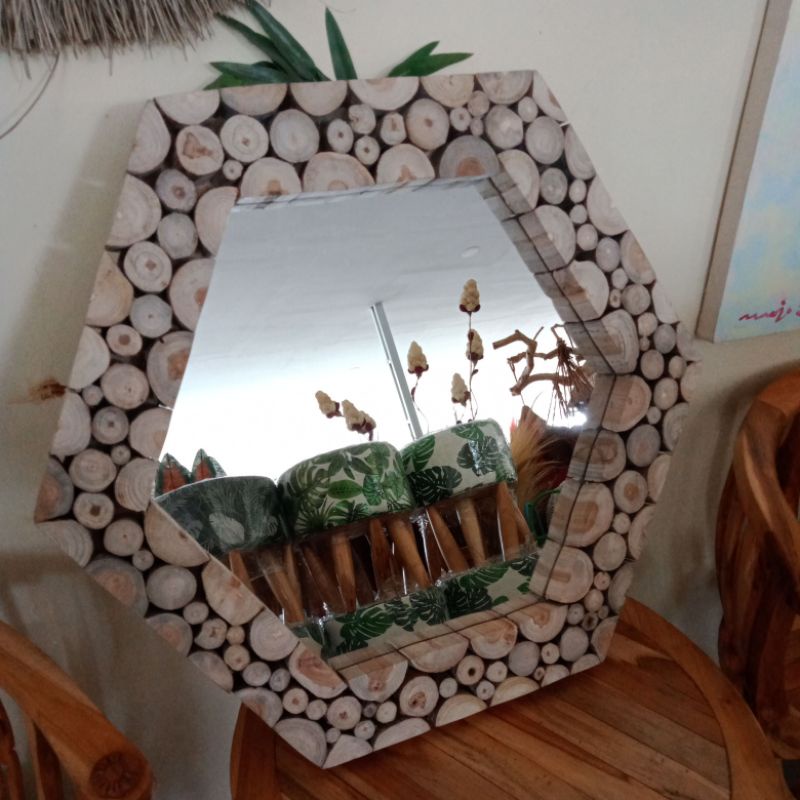 PROMO HOME DECOR CERMIN SEGI ENAM DARI RANTING KAYU JATI ANTIK /WALL DECOR/HIASAN DINDING