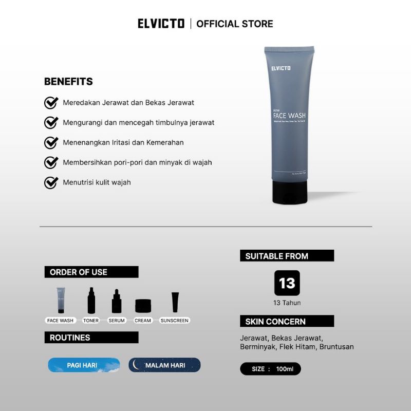 [ESTI KOMESTIK] ELVICTO ACNE FACE WASH NEW SABUN WAJAH PRIA TERBARU / BPOM / ELVICTO FACIAL WASH