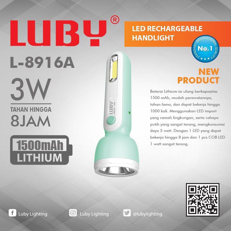 Luby Lampu Senter LED Super Terang L-8916A LED Super Terang Rechargeable Kabel Bundle