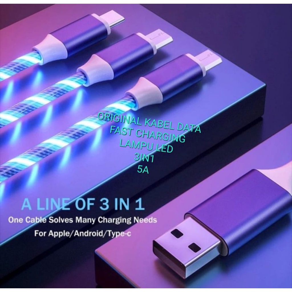 J446 KABEL DATA 3IN1 LAMPU LED USB TYPE C MICRO DAN IPHONE 5A fast charging cable cas qualcom quick charge flash maximum speed quallcom charger handphone androit faster multi universal original qc tc MULTI Faster Charging High speed transmission berserat