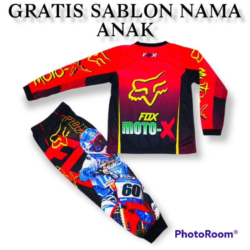 SETELAN BAJU MOTOR CROSS ANAK UMUR 2-11 THN/GRTIS sablon nma