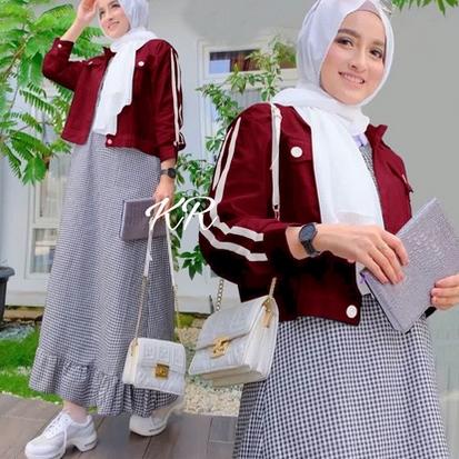 LXRN Baju Gamis Wanita Remaja Modern Terbaru 2022 Set Cardi Habibah Model Elegan Tren Kekinian Kondangan Modis Promo 2020