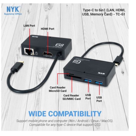 Type-c to hdmi rj45 lan usb 3.0 tf sd card reader converter nyk 6in1 hub 4k 5gbps tc-61 tc61