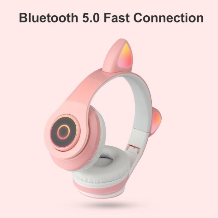 Cute Cat Ear Bluetooth Headset Headphone Telinga Kucing Pink