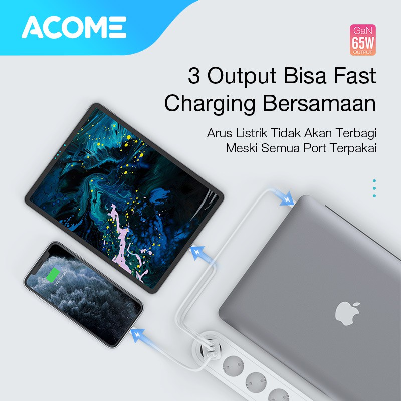 ACOME Charger GaN 65W Fast Charging QC3.0 PD VOOC 3 Ports Support Laptop/iPad Garansi Resmi 1 Tahun