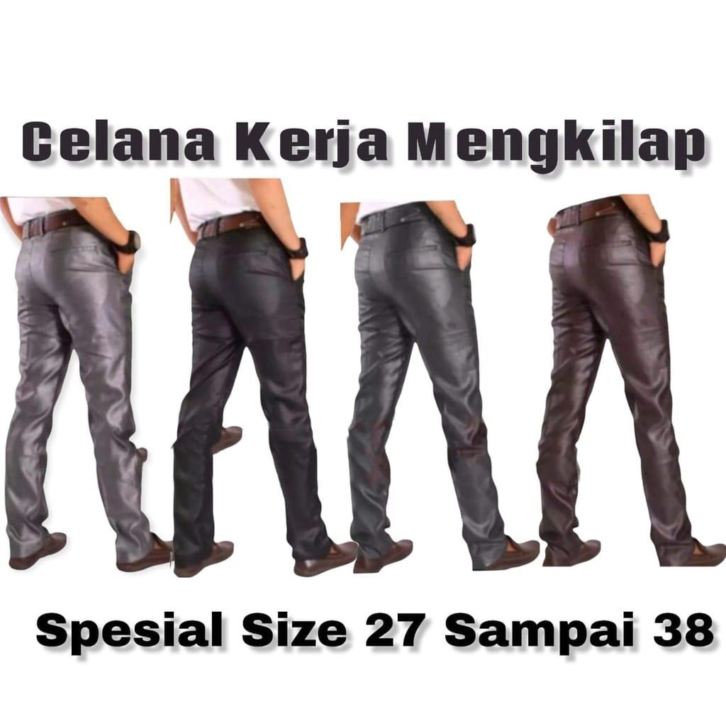 Celana Kerja Kantoran formal Pria bahan Mengkilap METALIK pola Slimfit