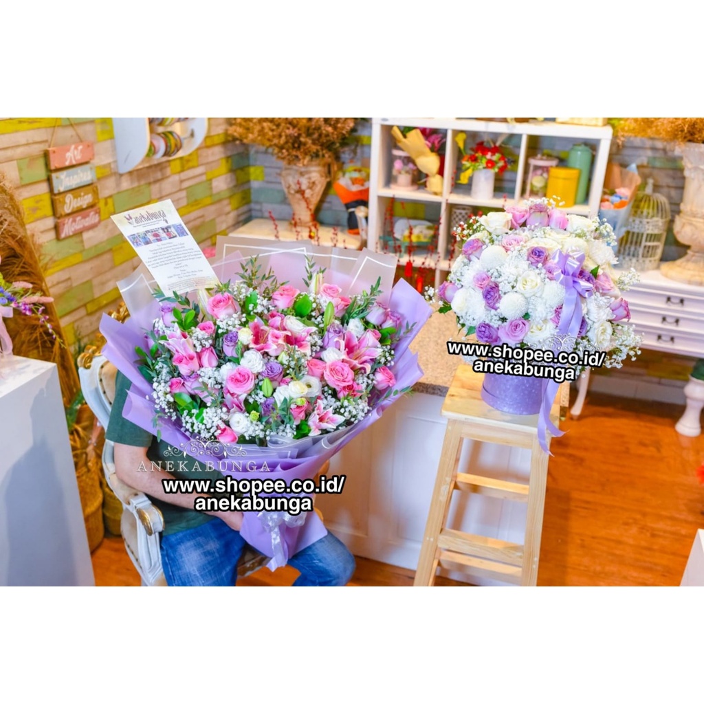 1 Paket Purple Pink Flower Box + Hand Bouquet Bunga Mawar Ungu Putih Segar Fresh Asli Gift Rangkaian