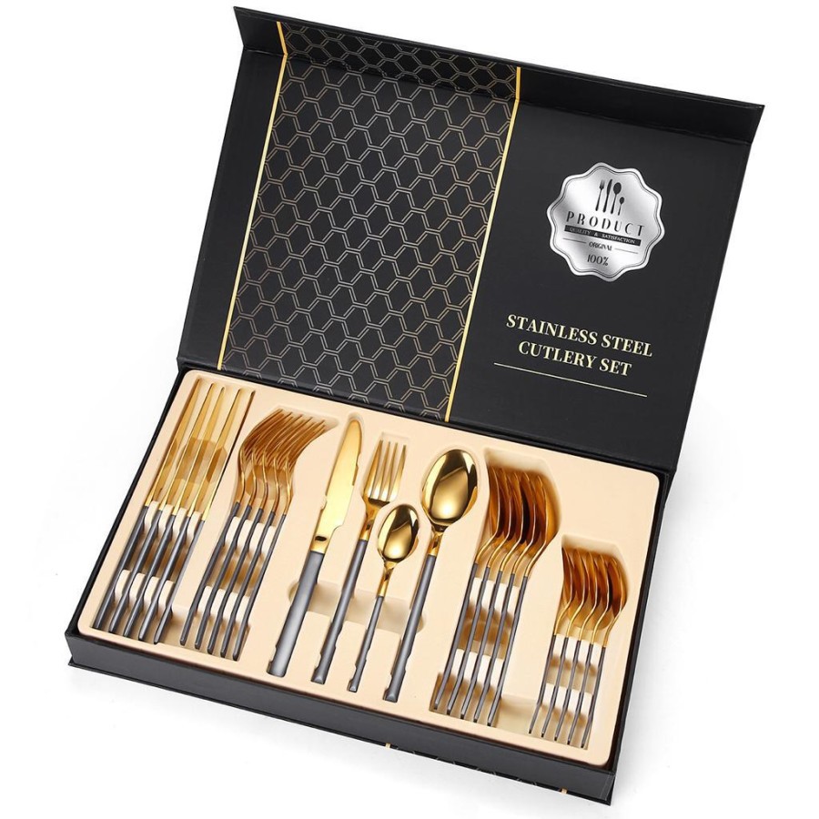 stainless steel cutlery set box gold premium sendok garpu pisau 24 pcs