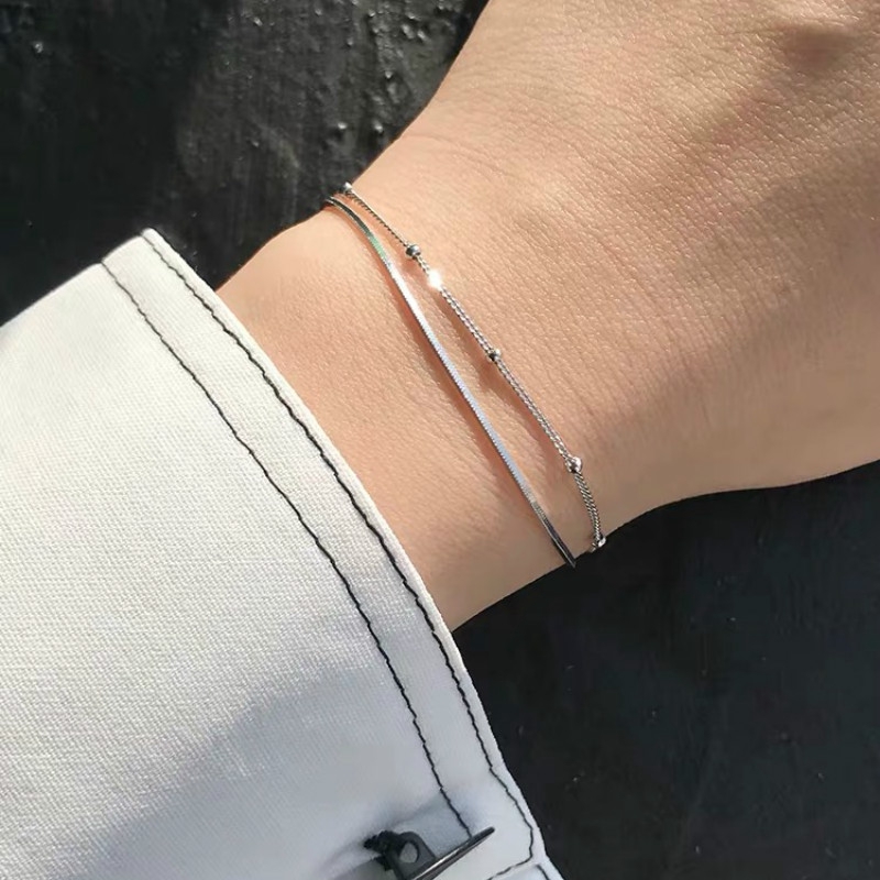 Gelang Rantai Model Tulang Ular Lapis Ganda Bahan 925 Silver Untuk Wanita