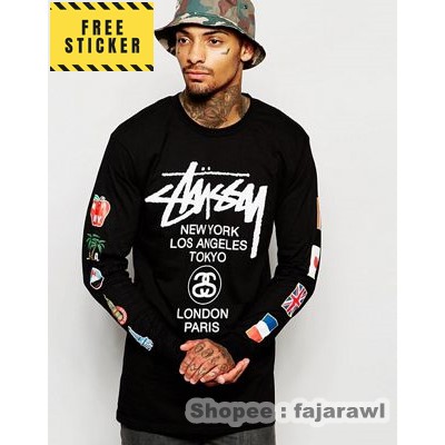 STUSSY LONG SLEEVE WORLD TOUR FLAGS KAOS TSHIRT LENGANG PANJANG