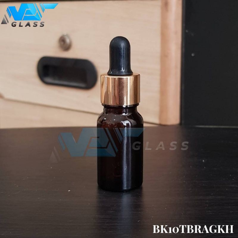 botol kaca pipet 10ml tebal coklat / amber - ring almunium gold