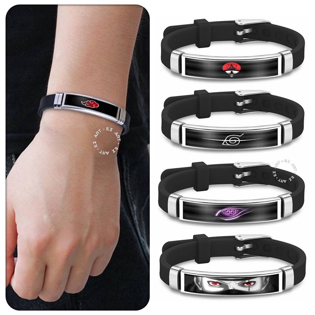 GELANG NARUTO SHARINGAN RINNEGAN EYE BAHAN KARET SILICONE PLAT STAINLESS STEEL GAMBAR ANIME KACA EPOXY MODEL SABUK STRAP