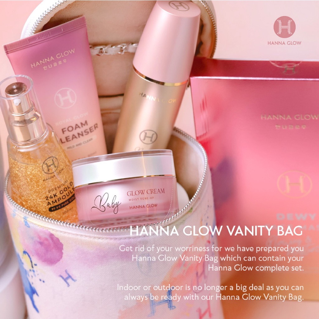 HANNA GLOW Paket Vanity ( Cleanser 80ml, Royal Moisture !00ml, 24K Gold Ampoule 100ml, Baby Glow Cream 50ml, Dewy Face Mask 1box) Hannaglow Paket Glowing Bersih Mulus