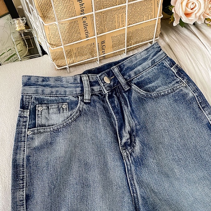 Korean Style Rawis Highwaist Lurus Loose Celana Jeans Panjang Wanita Fashionable (realpict)