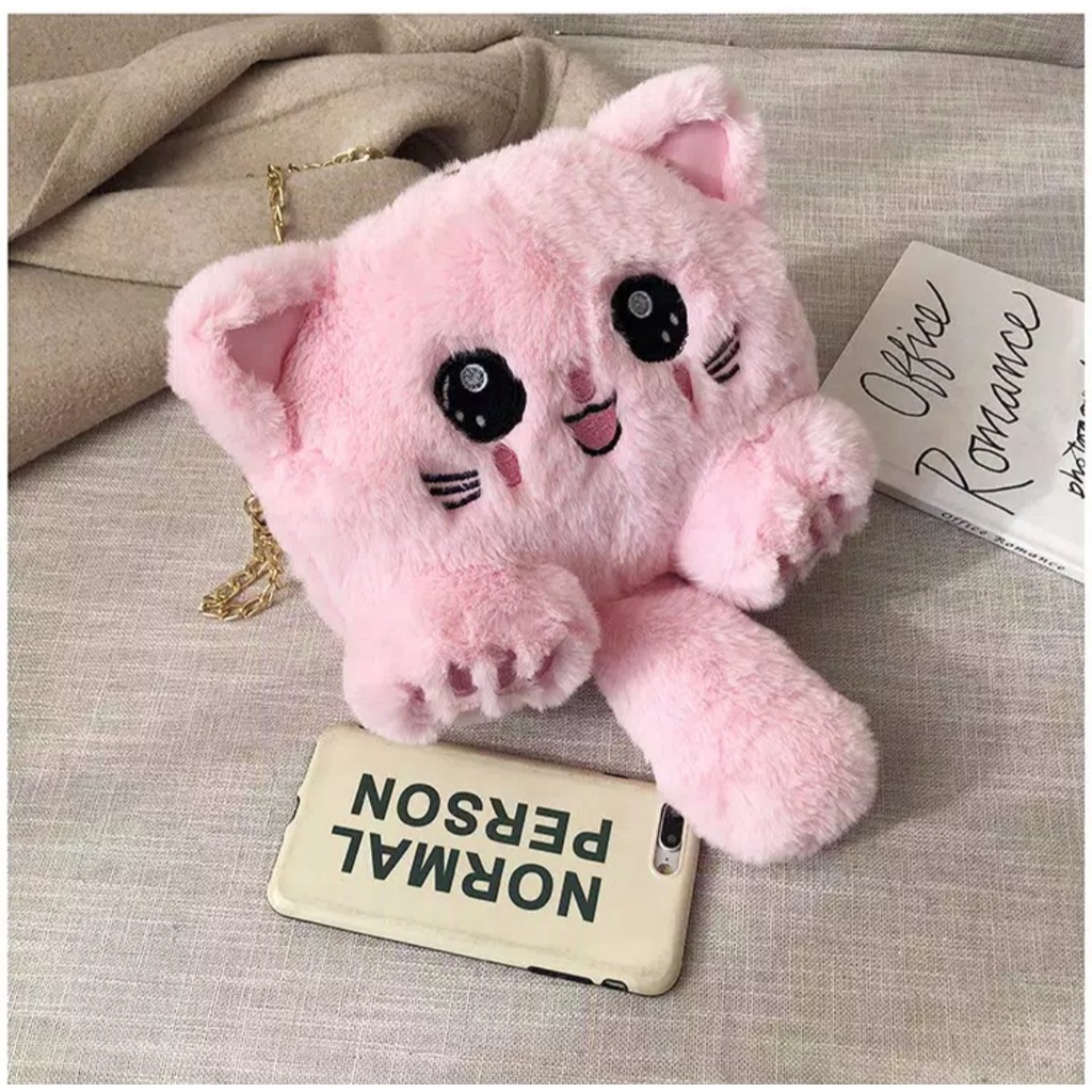 CIDOT ID TAS SELEMPANG BULU KUCING GEMOY LUCU IMUT / TAS WANITA CAT CUTES / TAS PEREMPUAN REMAJA KUCING TALI