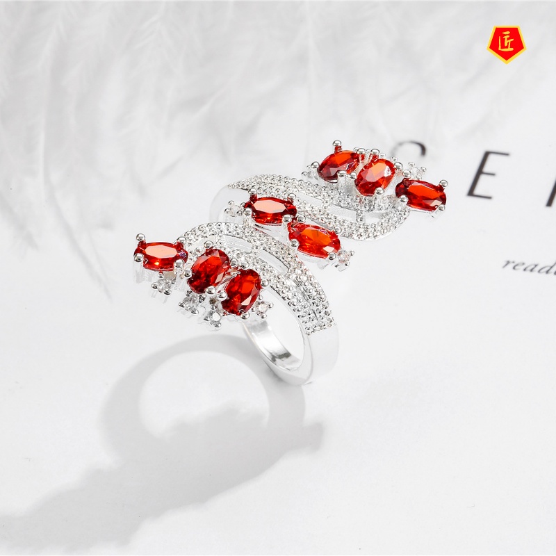 [Ready Stock]925 Silver Red Diamonds Purple Colored Gems Flower Ring