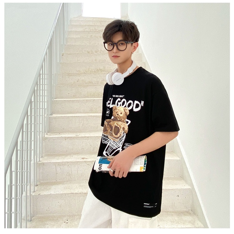 [littlecrab] Kaos Oversize Teddy Bear Trolley Kaos Couple T-Shirt Hitam Cream Kaos Feel Good Korean Style