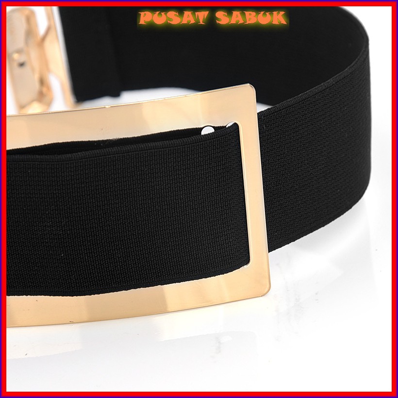 Belt Gesper Plat Sabuk GOLD Karet Obi Ikat Pinggang Elastis untuk Wanita Fashion Emas Hitam kekinian