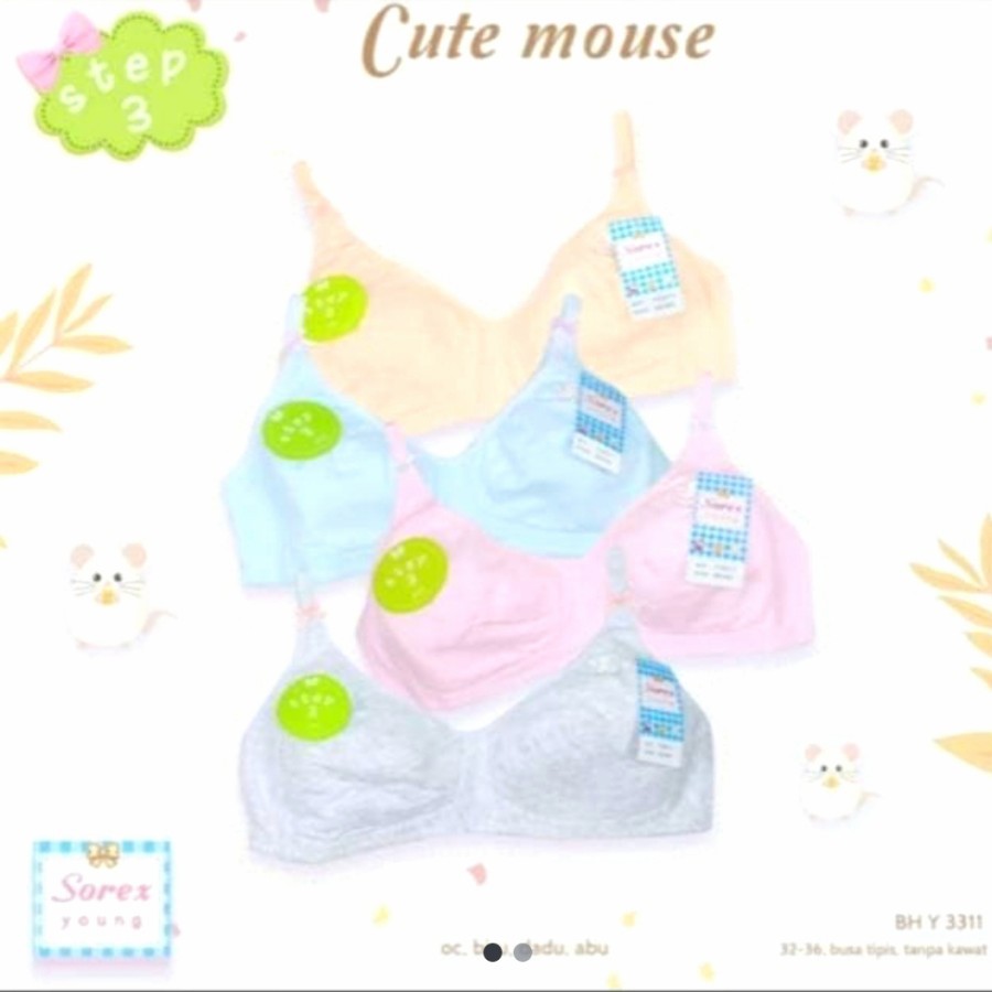 3Pcs Bra Sorex | BH Remaja Sorex Y3311 Step 3 | Mini Bra Busa Tipis Tanpa Kawat Polos Bahan Katun
