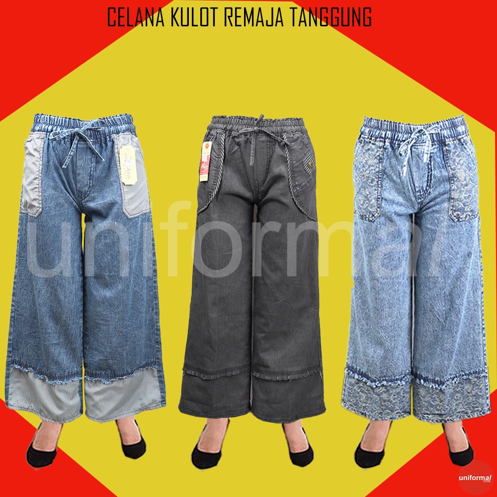 Celana Kulot Jeans Remaja Tanggung Wanita,  Kulot Perempuan Remaja TanggungPinggang Karet Setara 12 - 16 Tahun, Kulot Anak Tanggung Perempuan