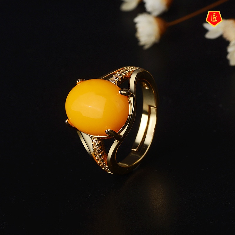 [Ready Stock]Fashion New 925 Silver Amber Ring Canary Stone Temperament Elegant Simple