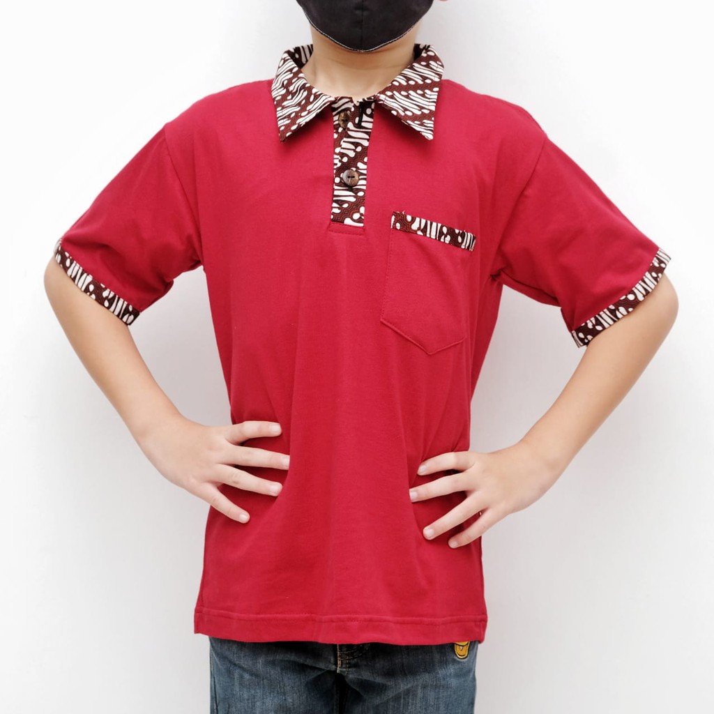 Kaos Krah Polo Batik Anak Unisex Lengan Pendek Warna Maroon Premium Jabrik Jogja