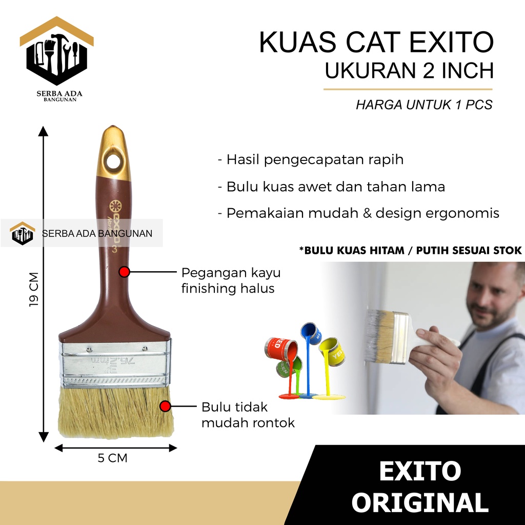 Kuas cat bulu hitam putih 1,5&quot; 2&quot; 2,5&quot; 3&quot; 4&quot; inch kuas cat tembok EXITO 100% ASLI murah bagus bulu lembut tebal