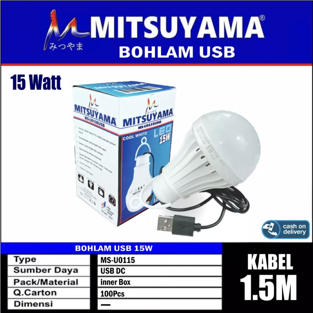 Bohlam USB 15 Watt Lampu LED Mitsuyama MS-U0115USB Kabel 1,5 Meter