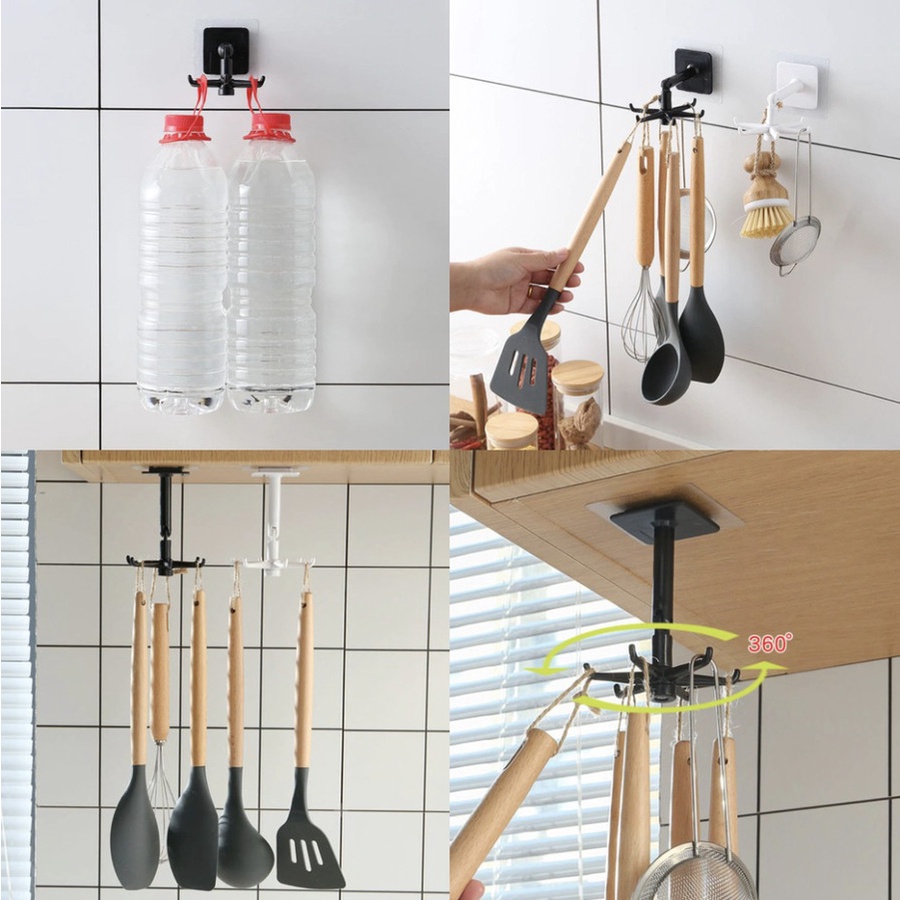 GANTUNGAN SPATULA DAPUR TEMPEL 6 KAIT 360 DERAJAT GANTUNGAAN HOOK PUTAR SERBAGUNA MULTIFUNGSI MINI ROTATING HOOK