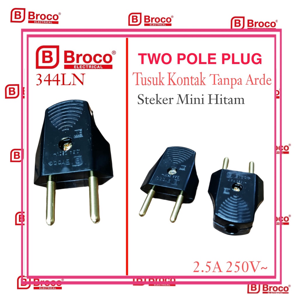BROCO 344LN TWO POLE PLUG / BROCO 344LN TUSUK KONTAK TANPA ARDE  / STEKER MINI BROCO HITAM / BROCO /