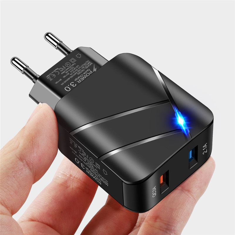 Adapter Charger Dual Port USB QC3.0 Fast Charging Multi Port Dengan Lampu Untuk Handphone