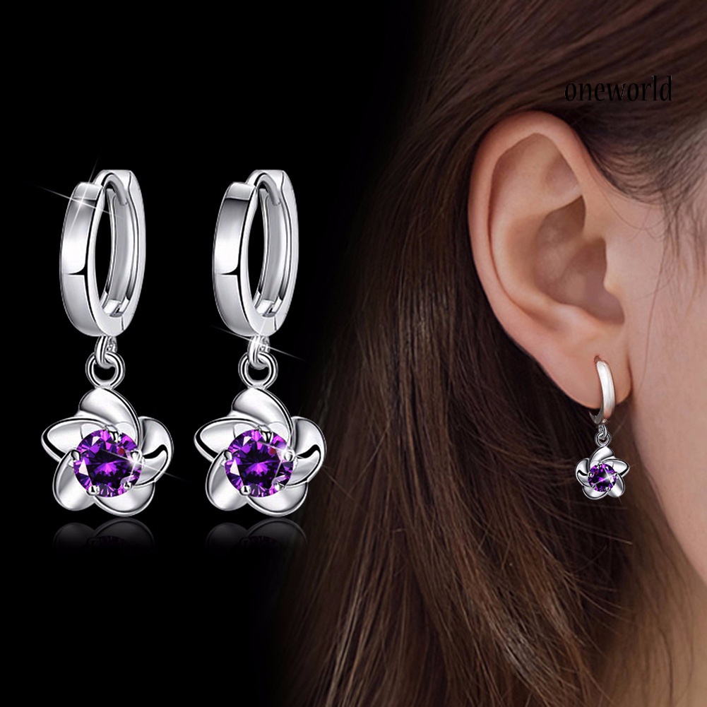 OW@ Fashion Women Plum Blossom Shape Dangle Rhinestone Leaverback Earrings Jewelry