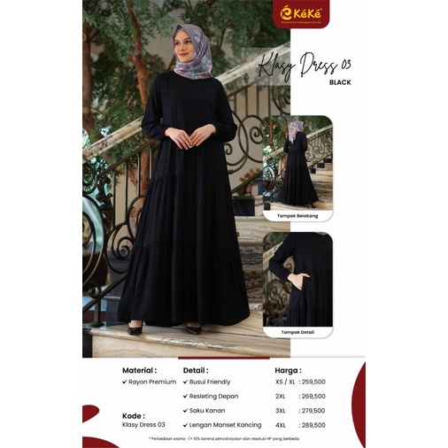 Gamis Premium Klasy Dress 03 Black by Keke|Dress Syari|Dress Busui|Dress Jumbo|Dress 4XL|Dress Polos